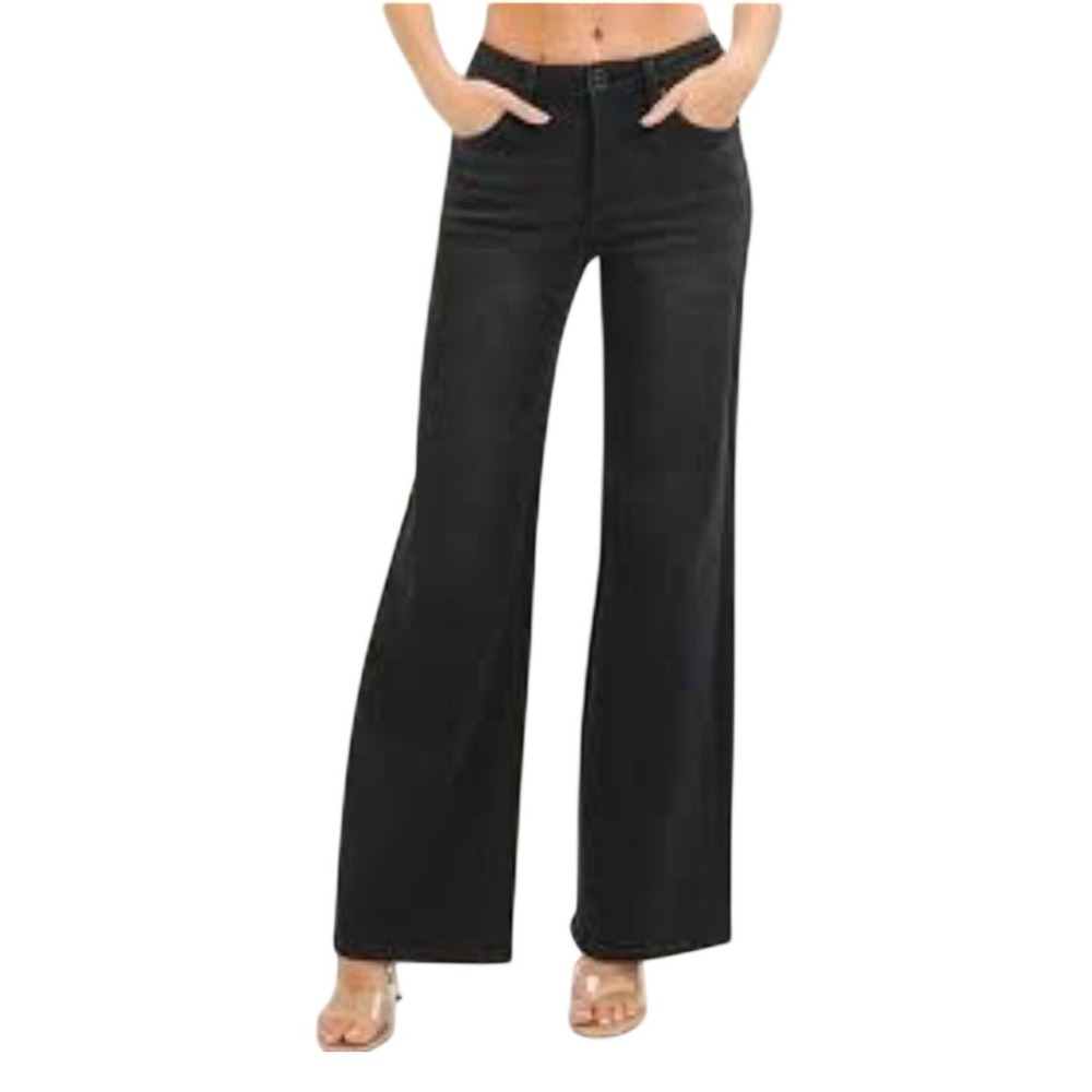 RISEN Sculpting Tummy Control High Rise Wide Leg Jeans Black Side Slit 9/29